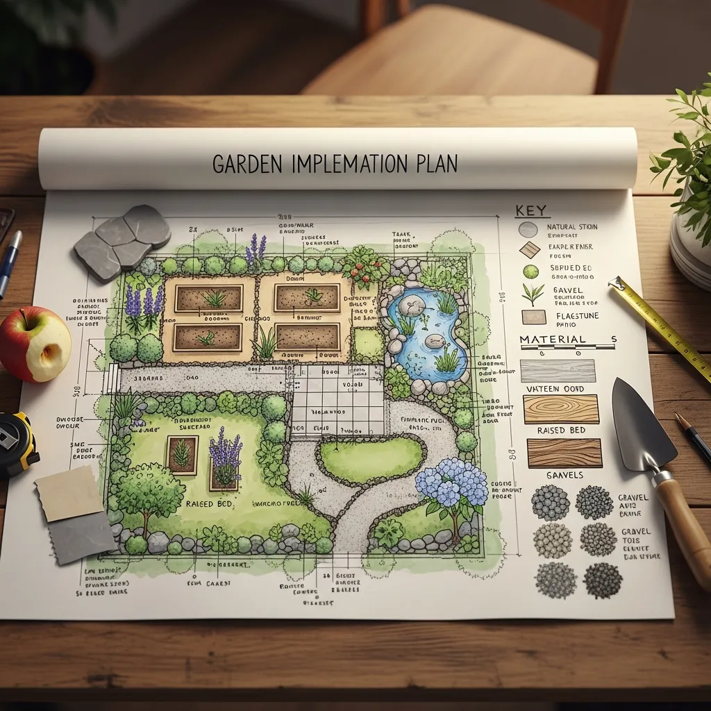 Detailed garden implementation plan with materials and plantings