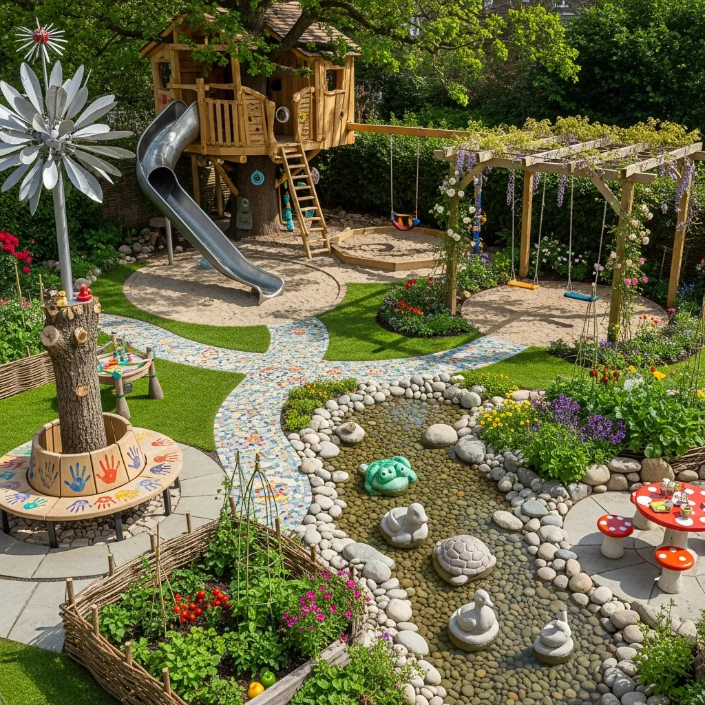 Family garden with playful elements integrated into artistic design
