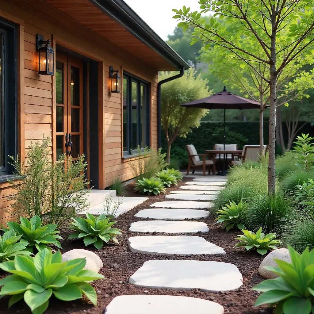 Sustainable garden materials including recycled wood and local stone